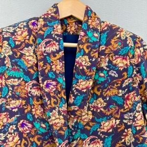 VTG HANDMADE Floral Jacket Blazer Floral Botanical Print One Gold Button XL 90s